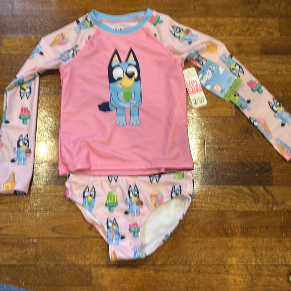 New with tags Bluey two piece bathing suit, long sleeve swim top